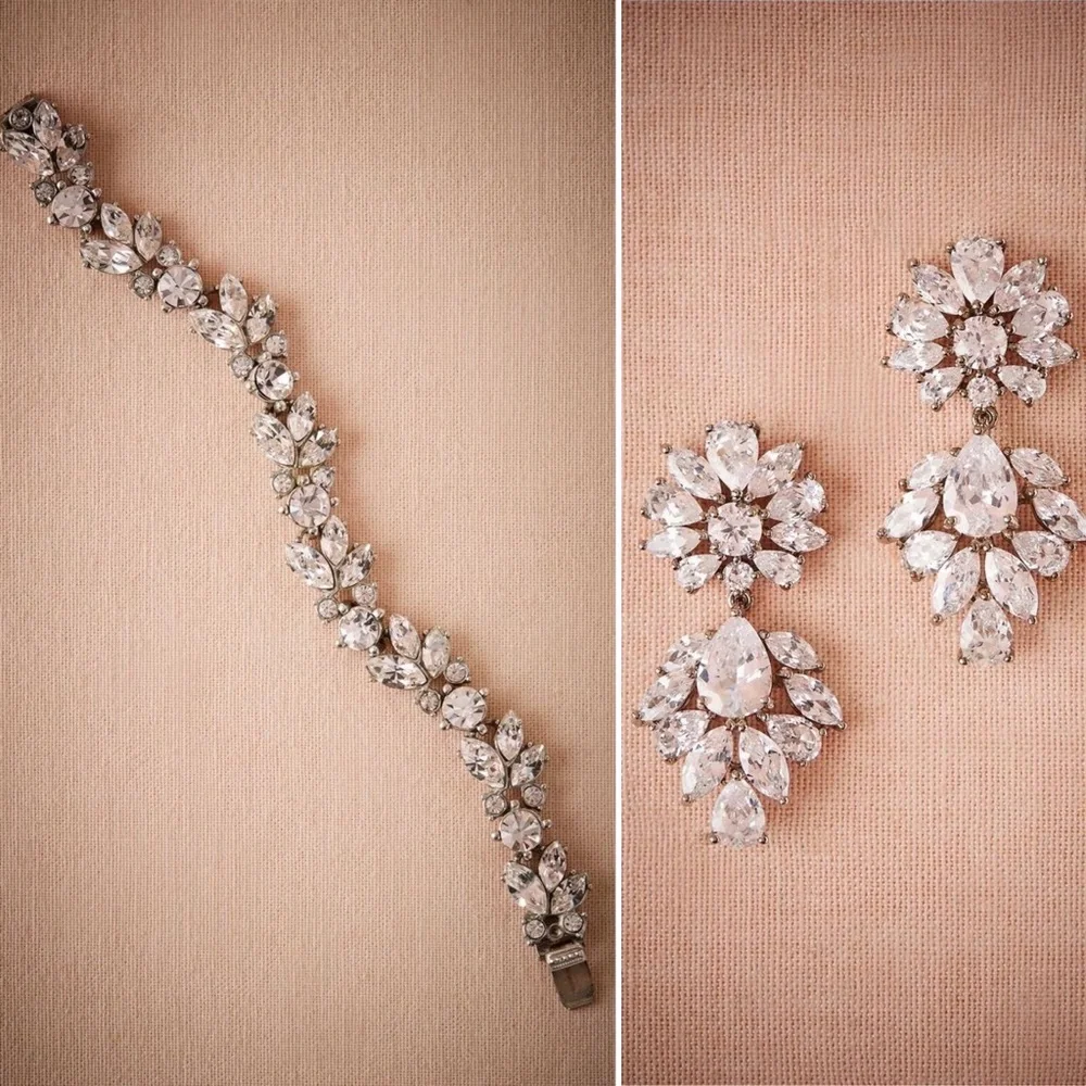 BHLDN Set of Silver Natasha Chandelier Earrings and Nerea Crystal Clasp Bracelet